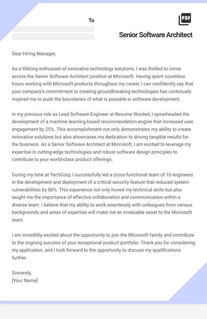 Senior Software Architect Cover Letter