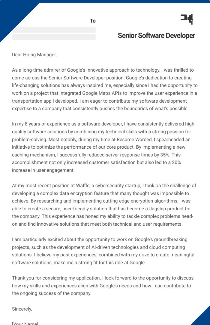Senior Software Developer Cover Letter