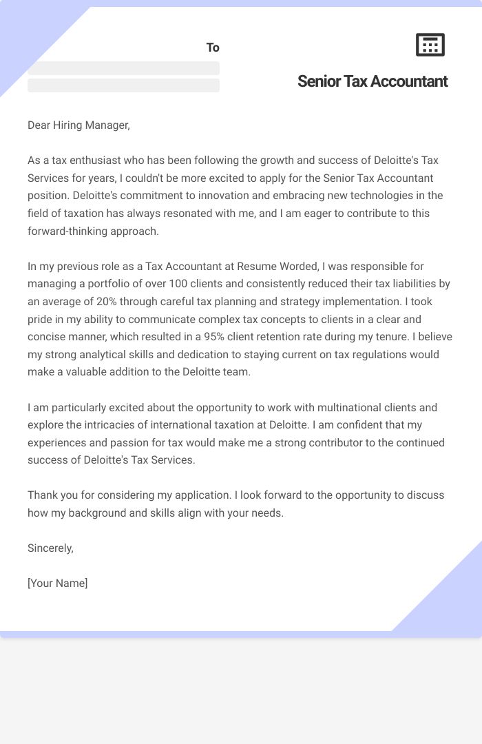 Senior Tax Accountant Cover Letter