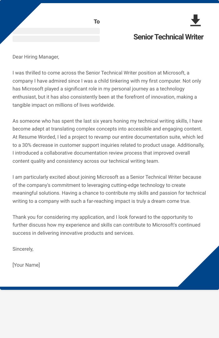 Senior Technical Writer Cover Letter