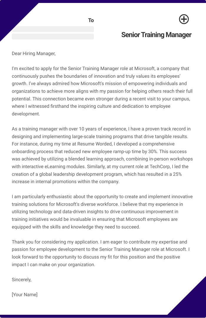 Senior Training Manager Cover Letter