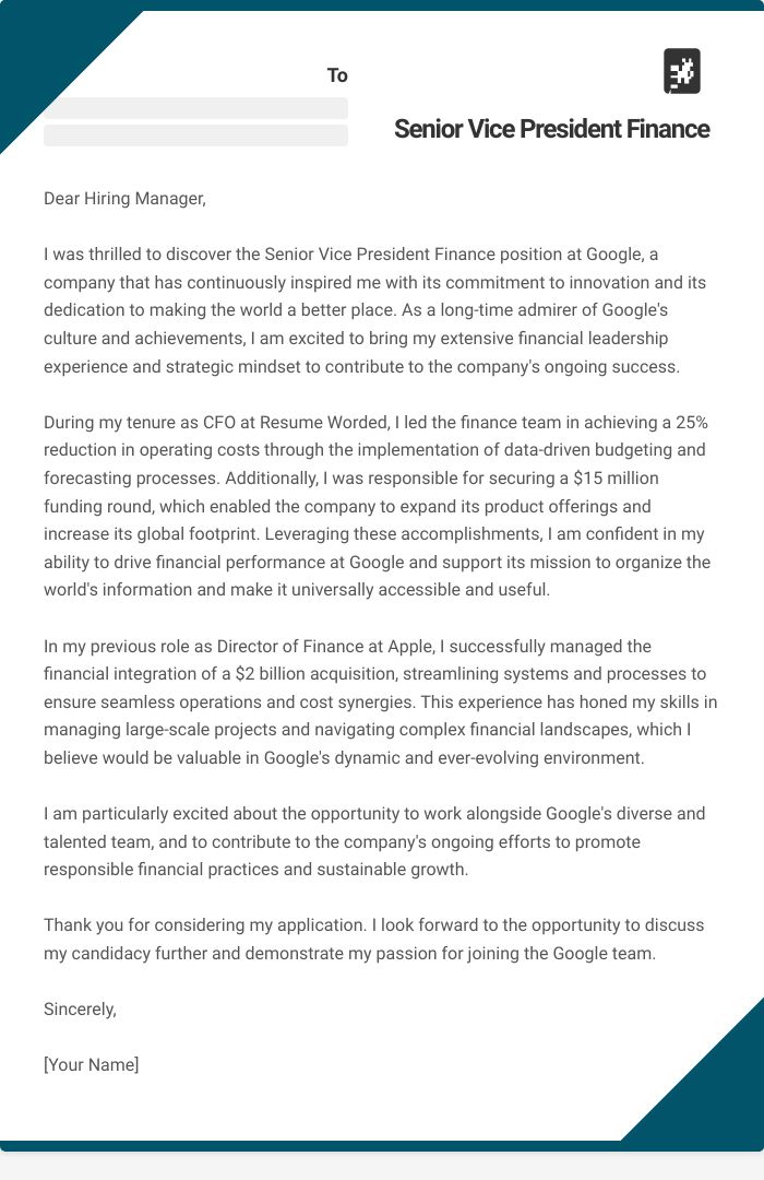 Senior Vice President Finance Cover Letter