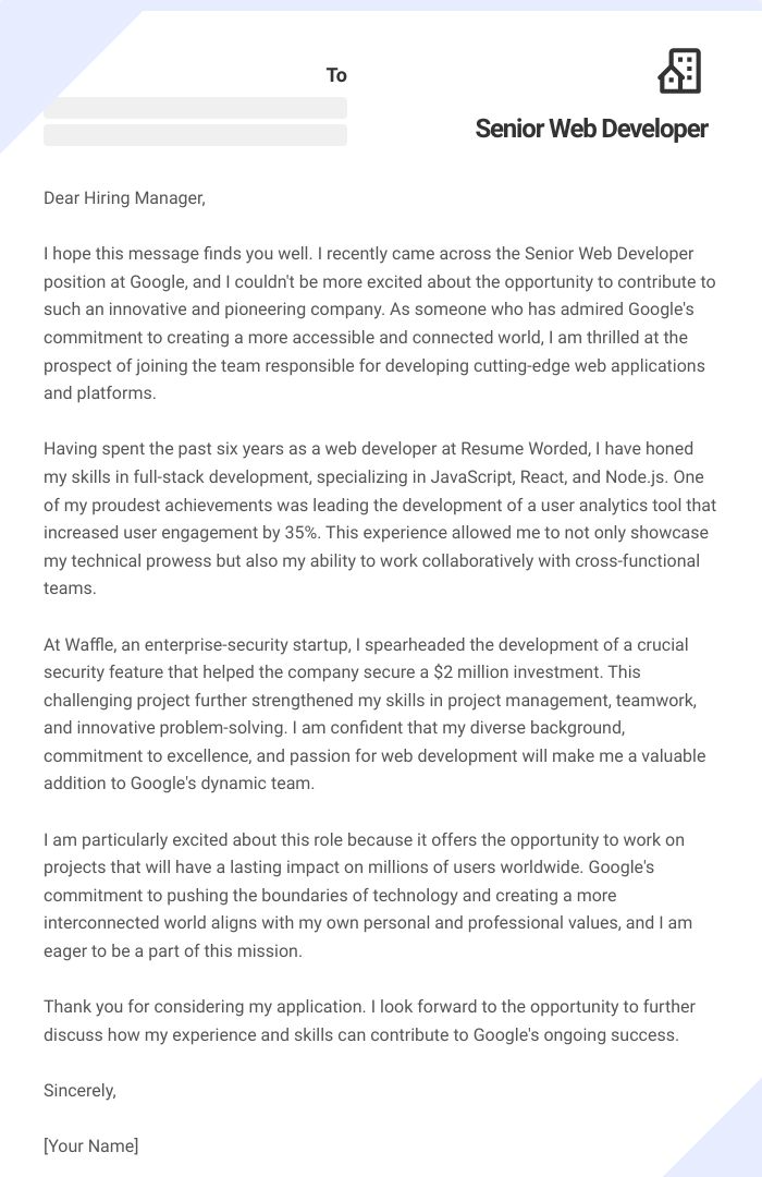 Senior Web Developer Cover Letter