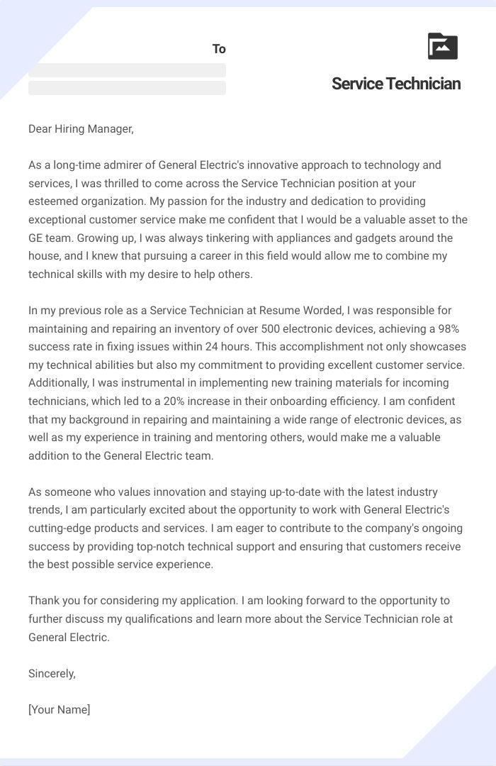 Service Technician Cover Letter