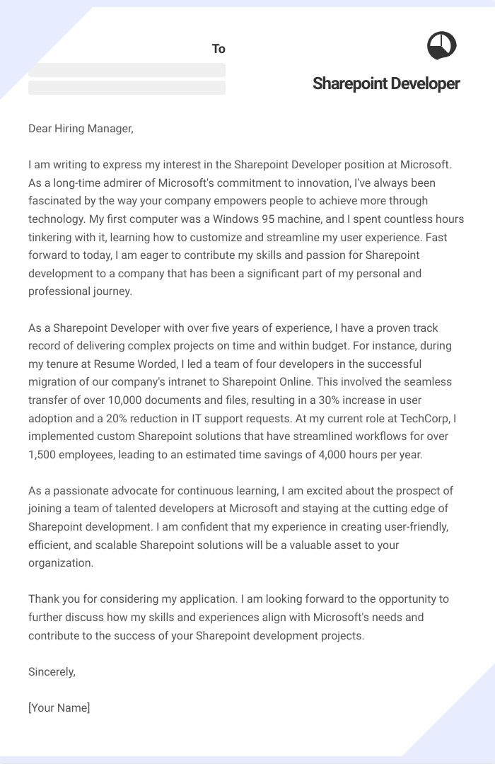 Sharepoint Developer Cover Letter