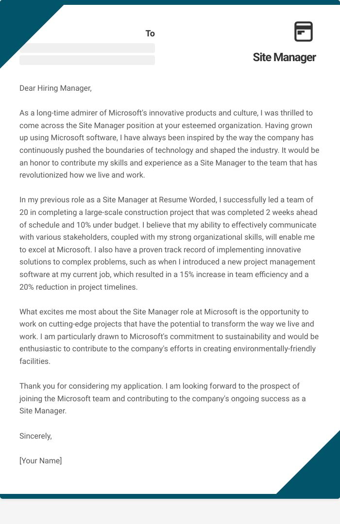 Site Manager Cover Letter