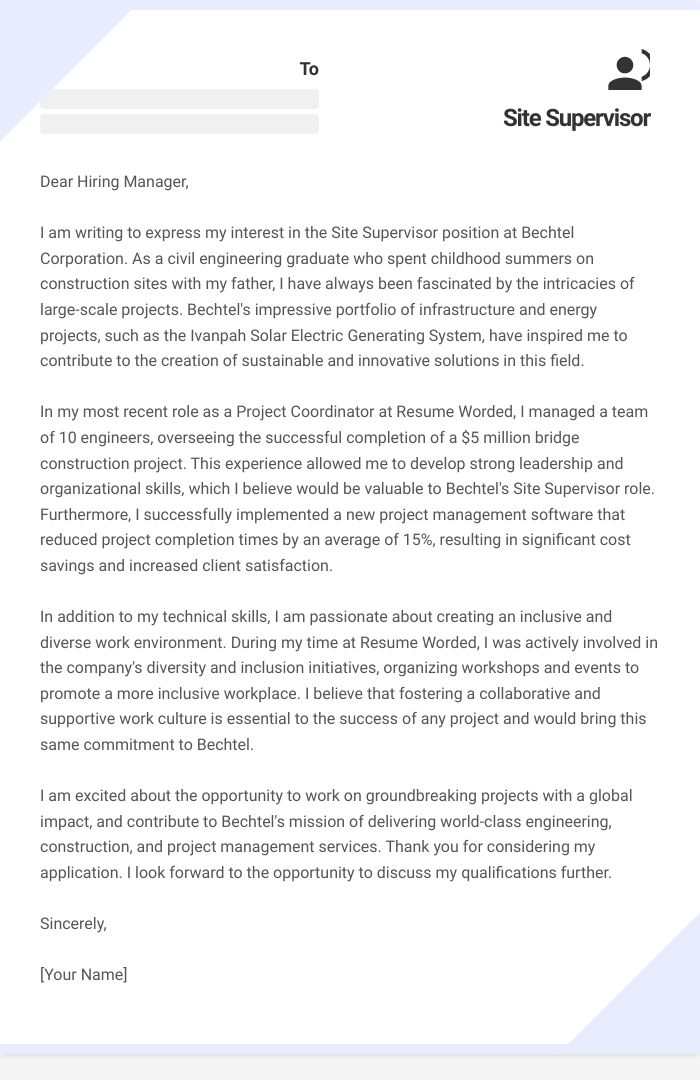Site Supervisor Cover Letter