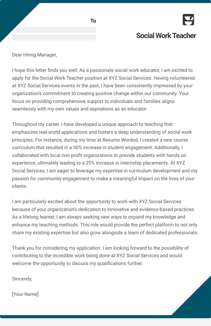 Social Work Teacher Cover Letter