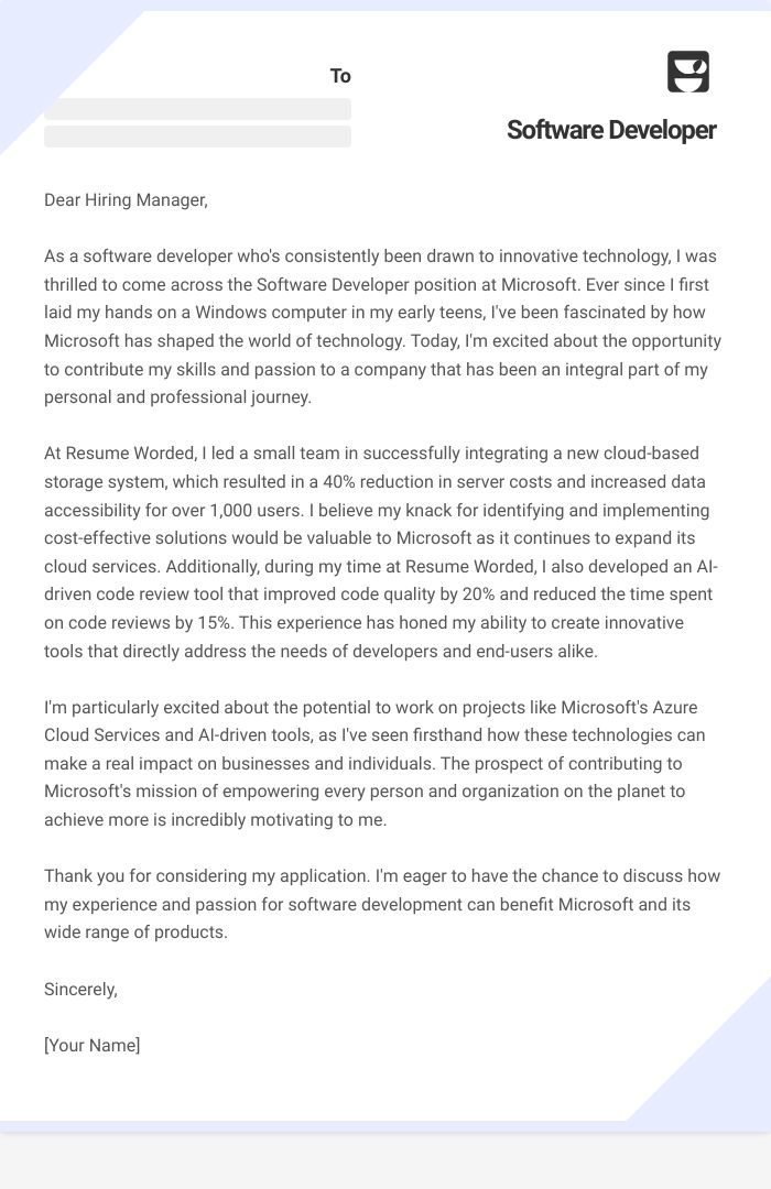Software Developer Cover Letter