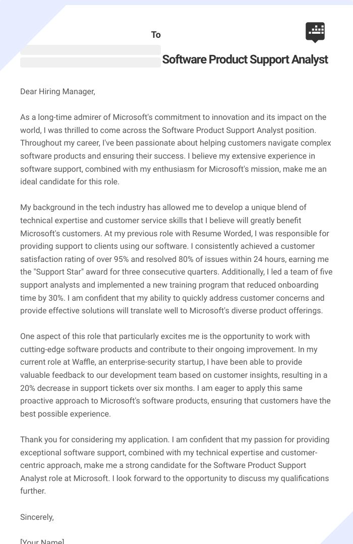 Software Product Support Analyst Cover Letter
