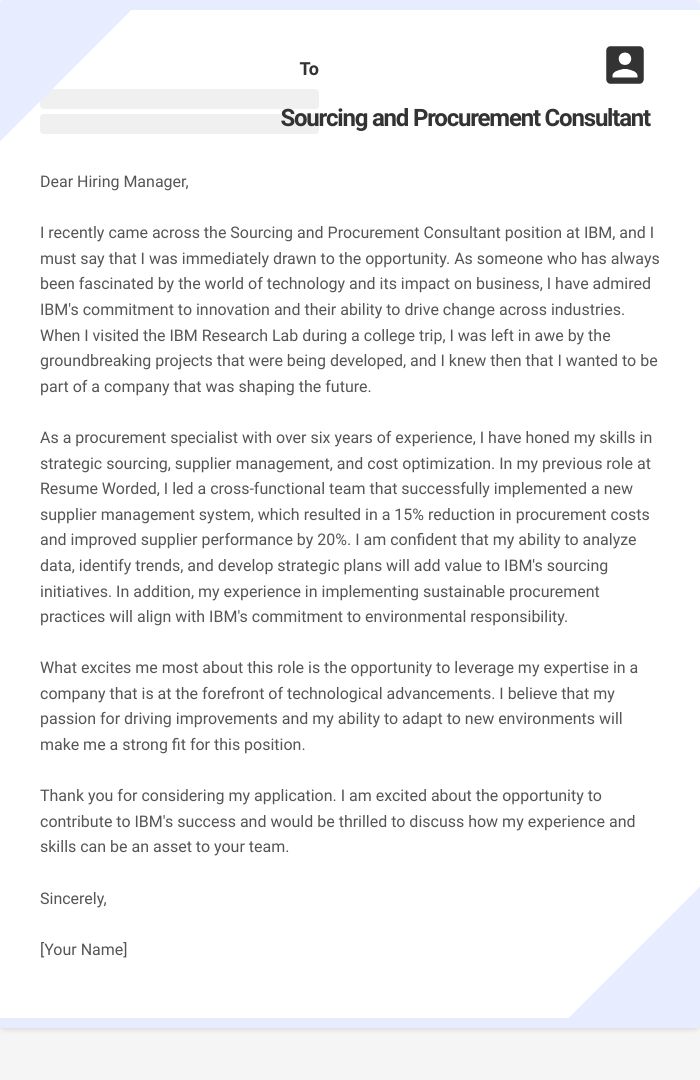 Sourcing and Procurement Consultant Cover Letter