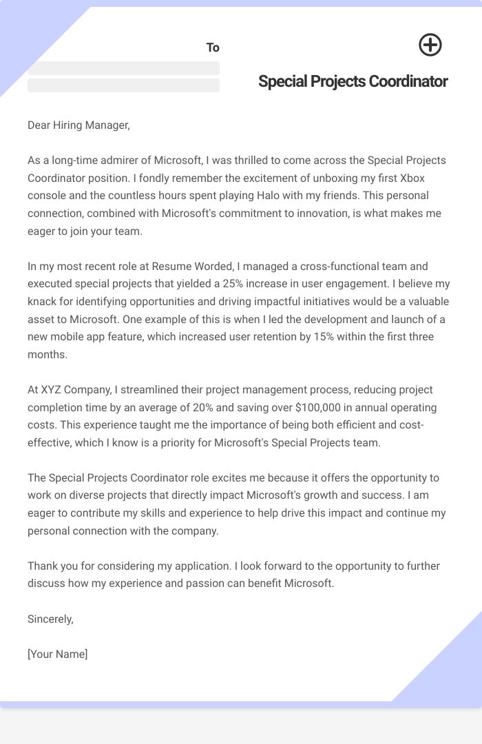 Special Projects Coordinator Cover Letter