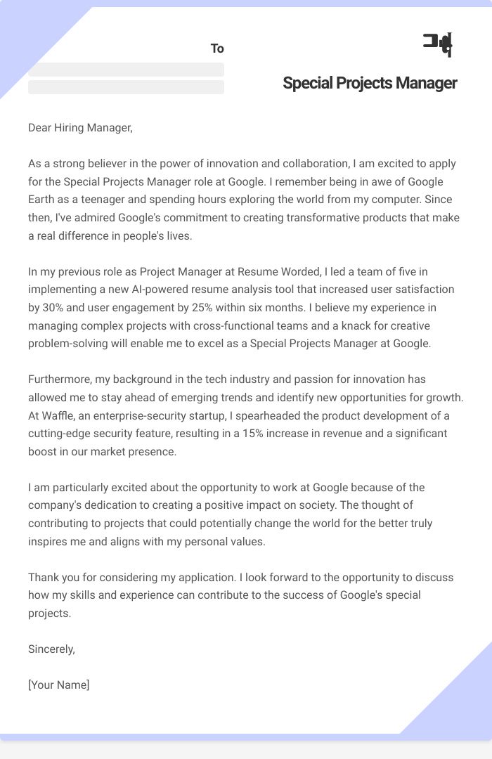 Special Projects Manager Cover Letter