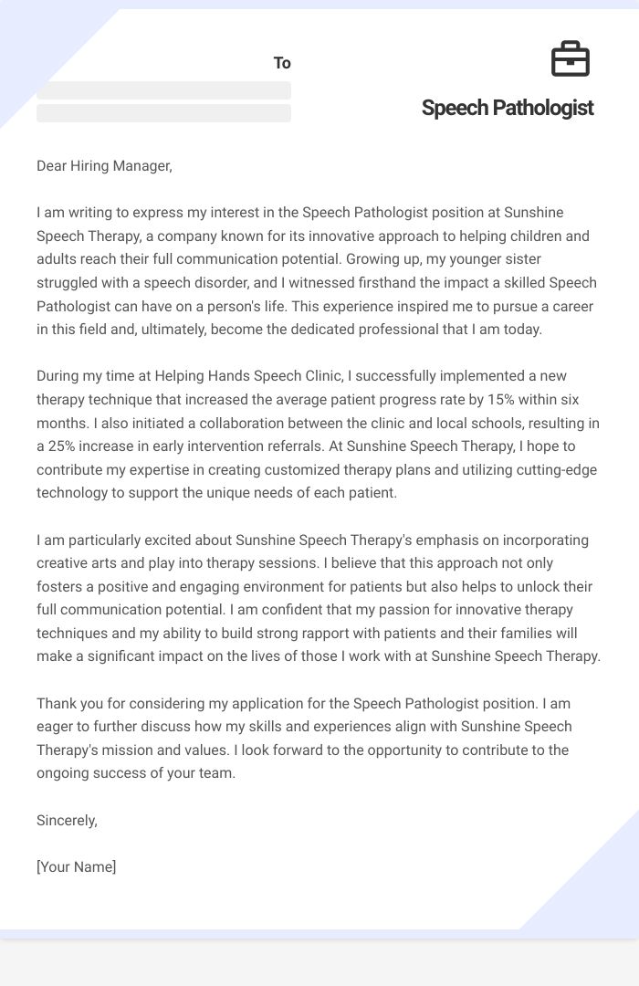 Speech Pathologist Cover Letter