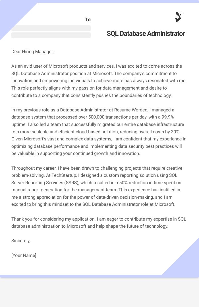 SQL Database Administrator Cover Letter