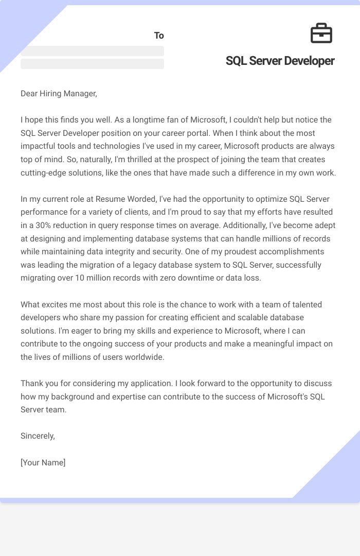 SQL Server Developer Cover Letter