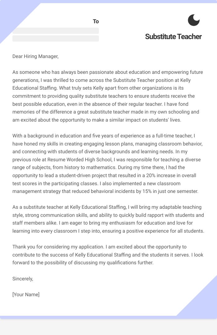 Substitute Teacher Cover Letter