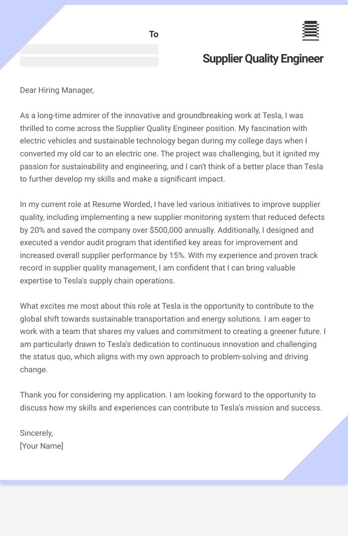 Supplier Quality Engineer Cover Letter
