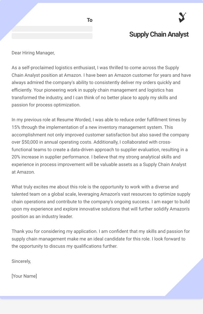 Supply Chain Analyst Cover Letter