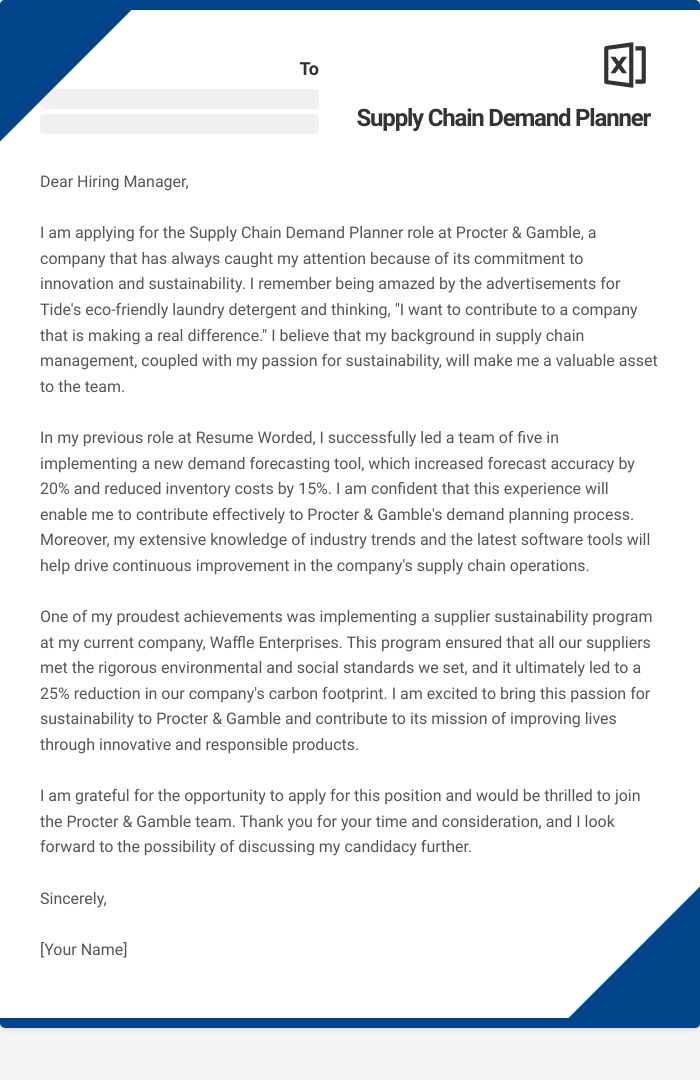 Supply Chain Demand Planner Cover Letter