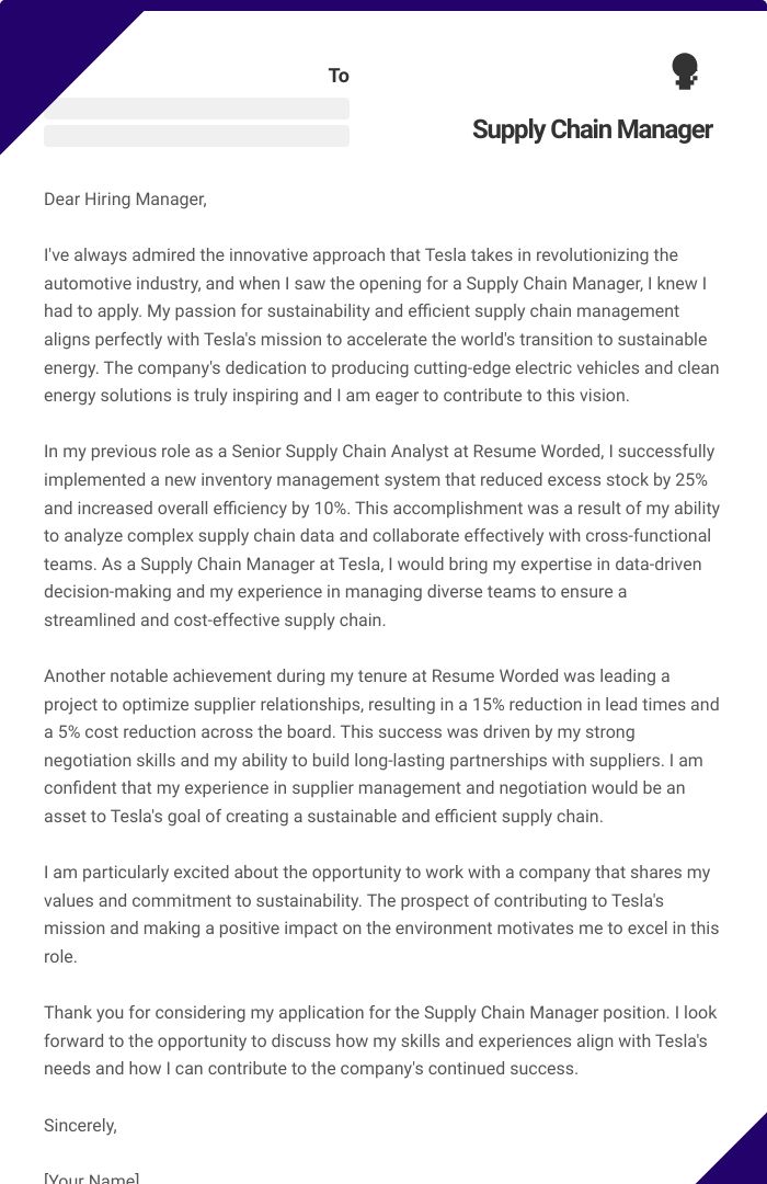 Supply Chain Manager Cover Letter
