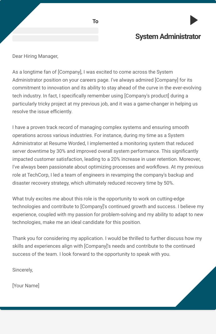 System Administrator Cover Letter