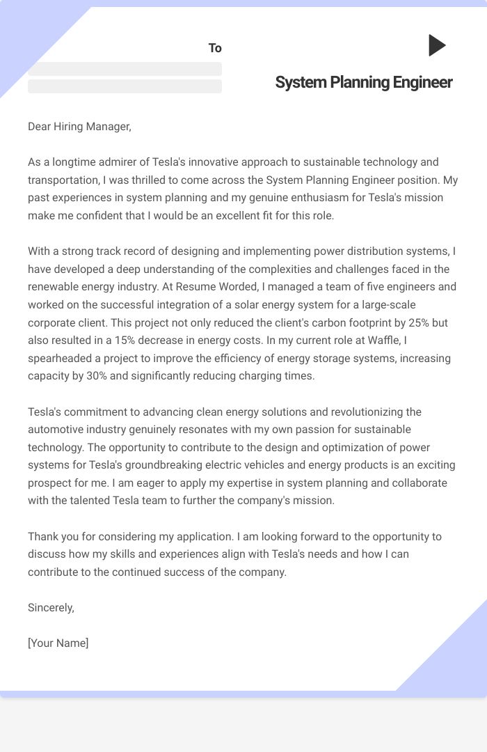 System Planning Engineer Cover Letter