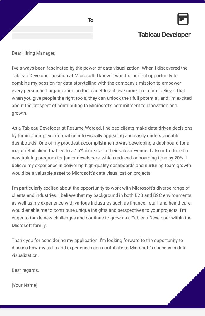 Tableau Developer Cover Letter