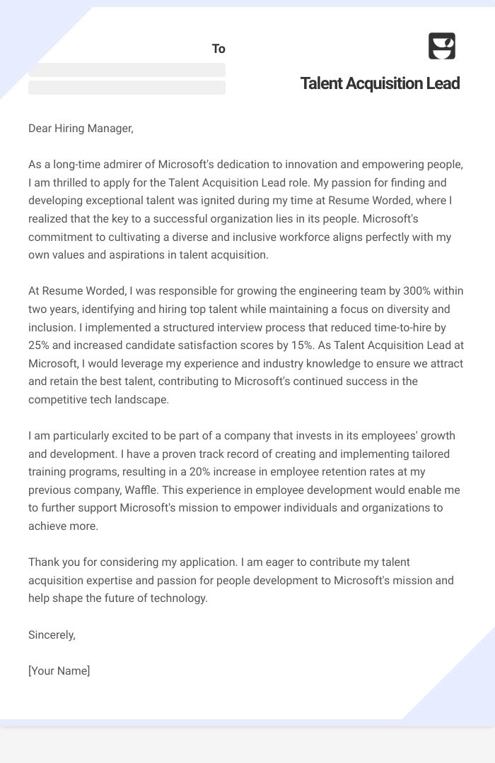 Talent Acquisition Lead Cover Letter