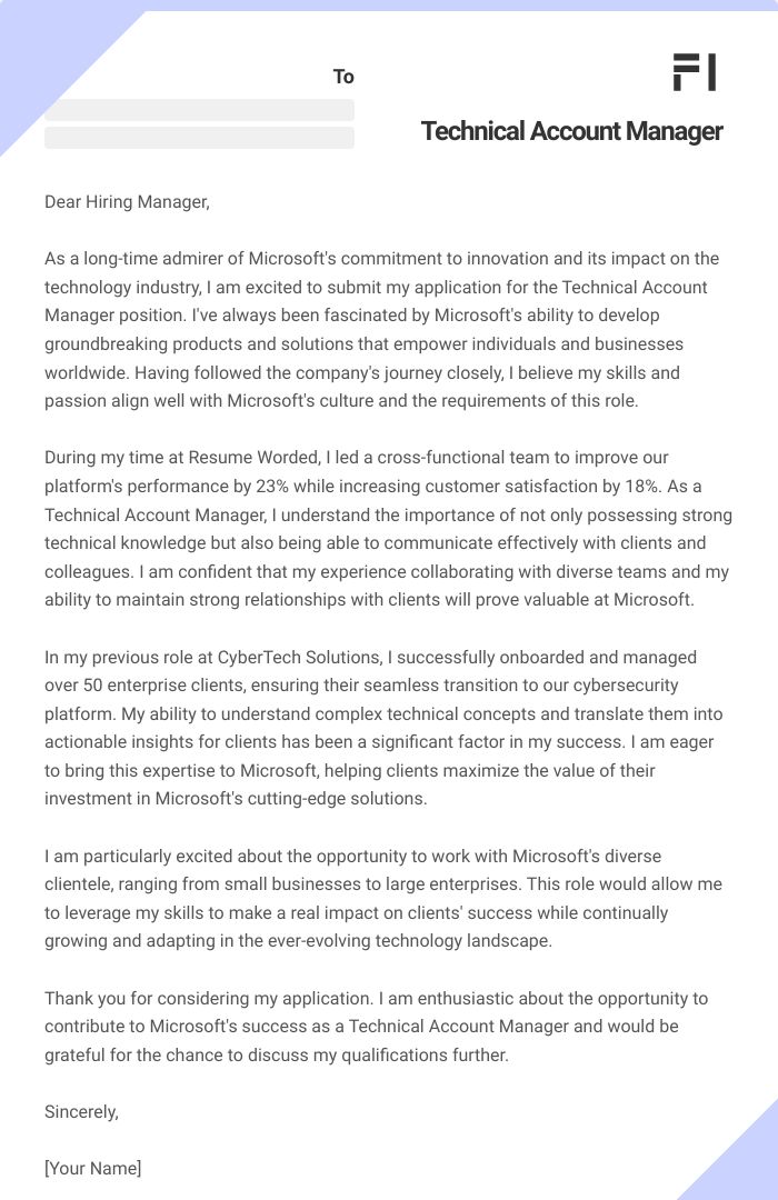Technical Account Manager Cover Letter
