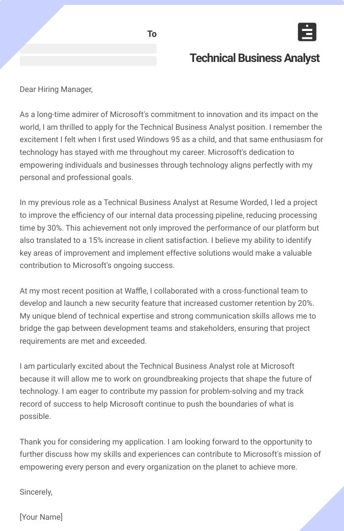 Technical Business Analyst Cover Letter