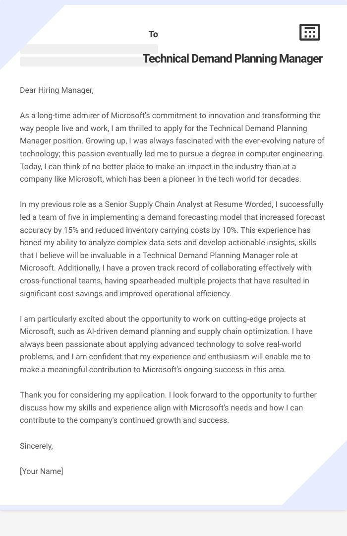 Technical Demand Planning Manager Cover Letter
