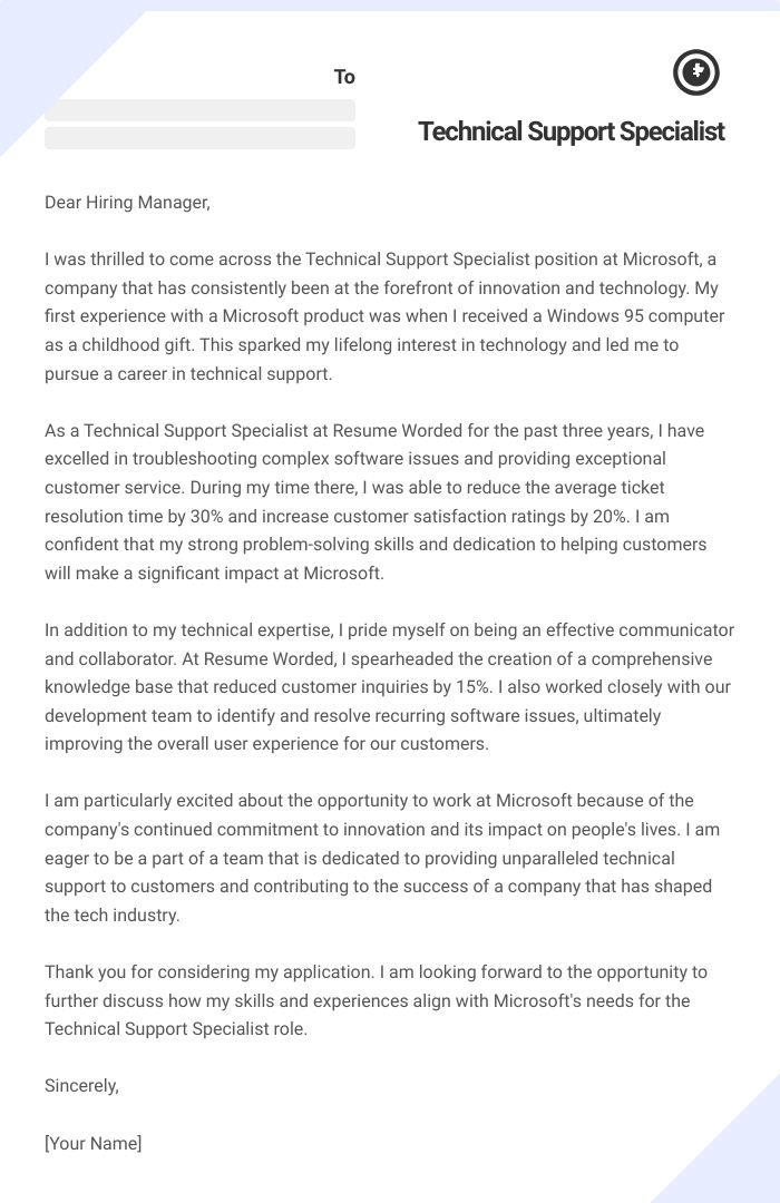 Technical Support Specialist Cover Letter