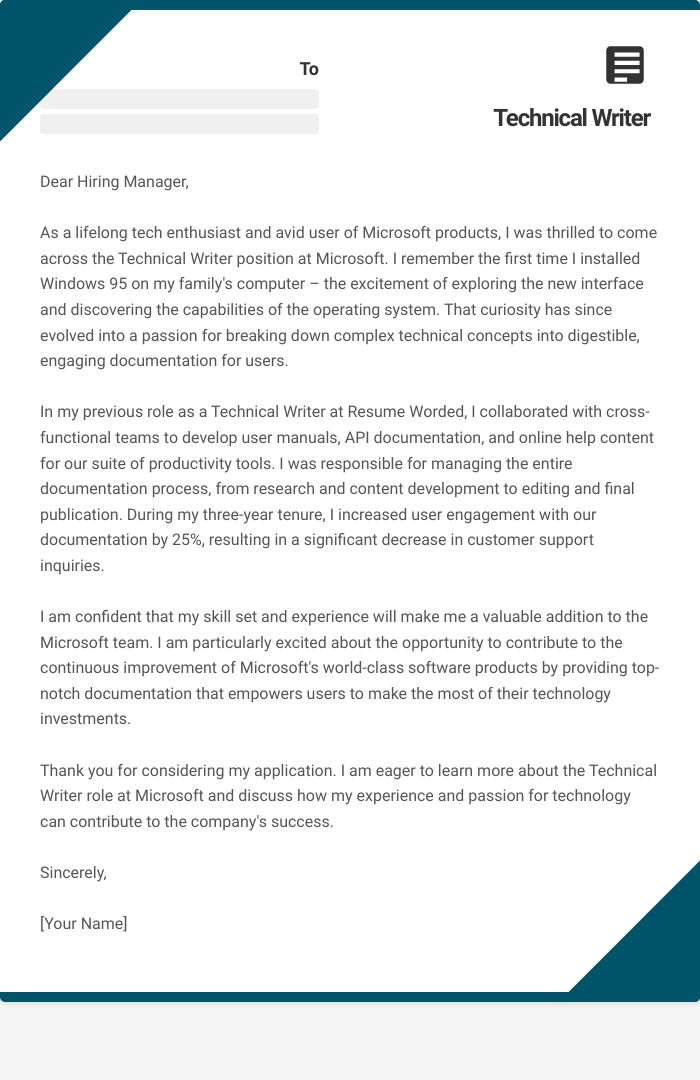 Technical Writer Cover Letter