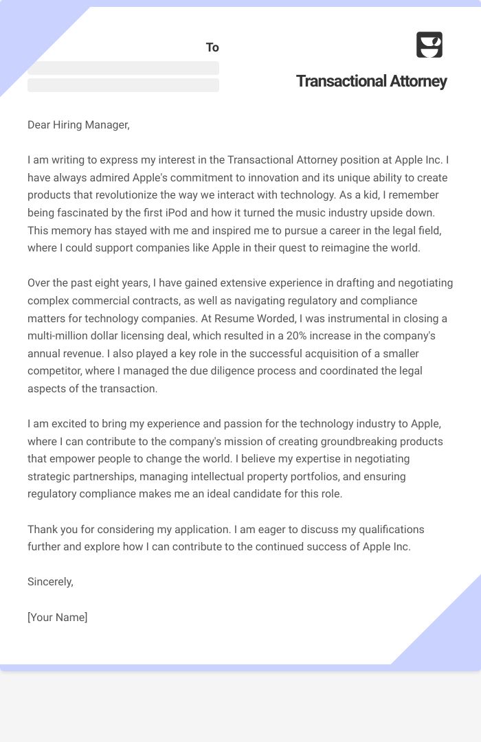 Transactional Attorney Cover Letter