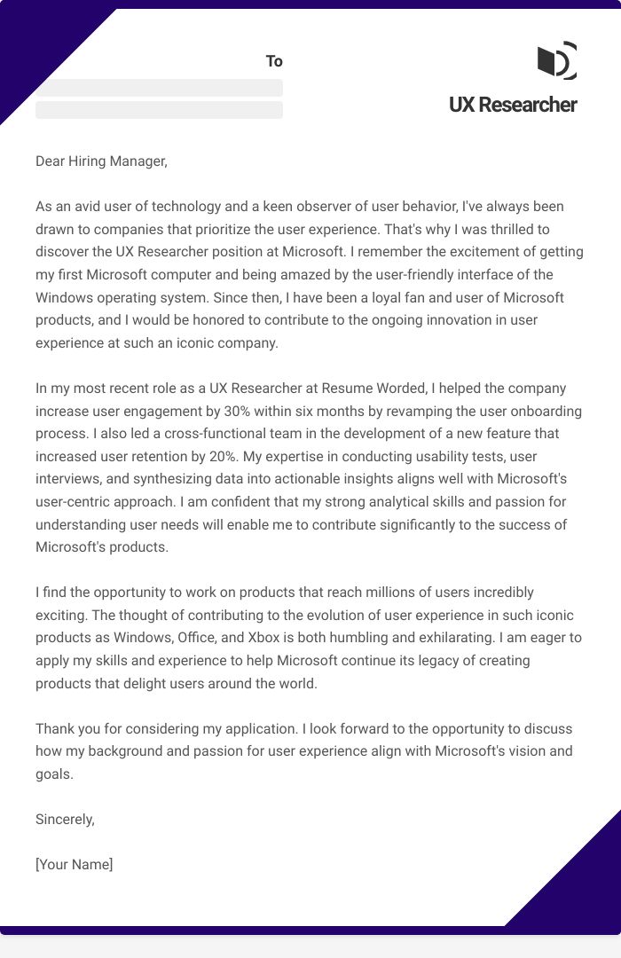 UX Researcher Cover Letter