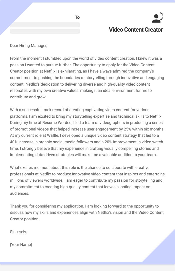 Video Content Creator Cover Letter