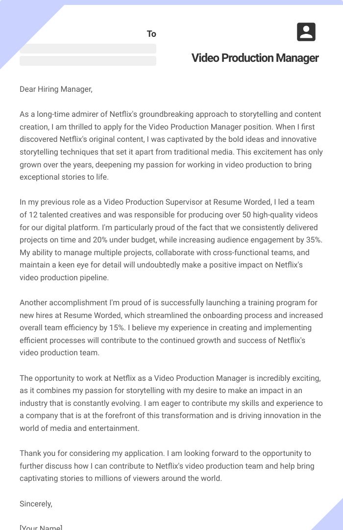 Video Production Manager Cover Letter
