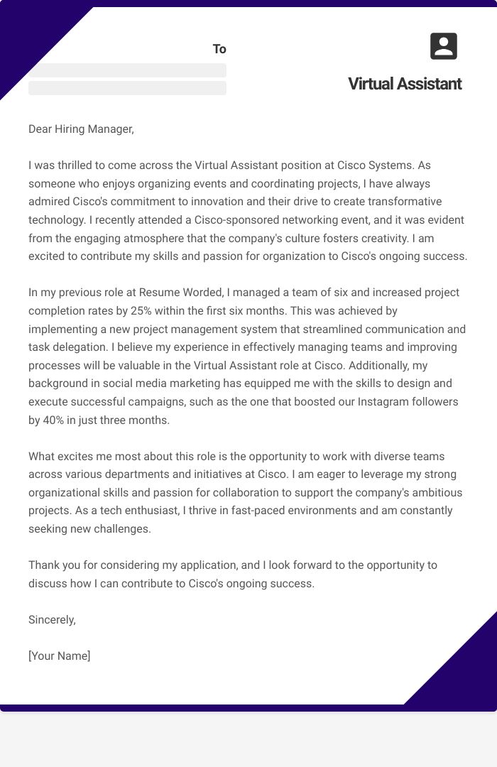Virtual Assistant Cover Letter