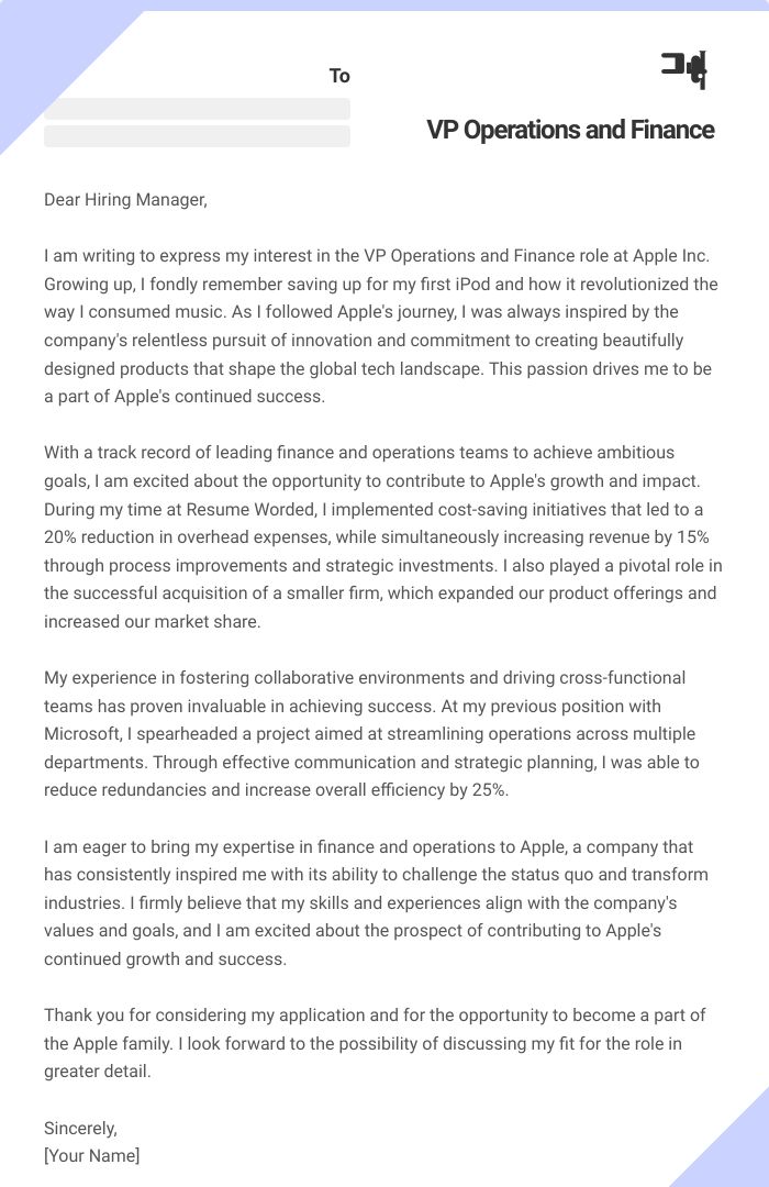 VP Operations and Finance Cover Letter