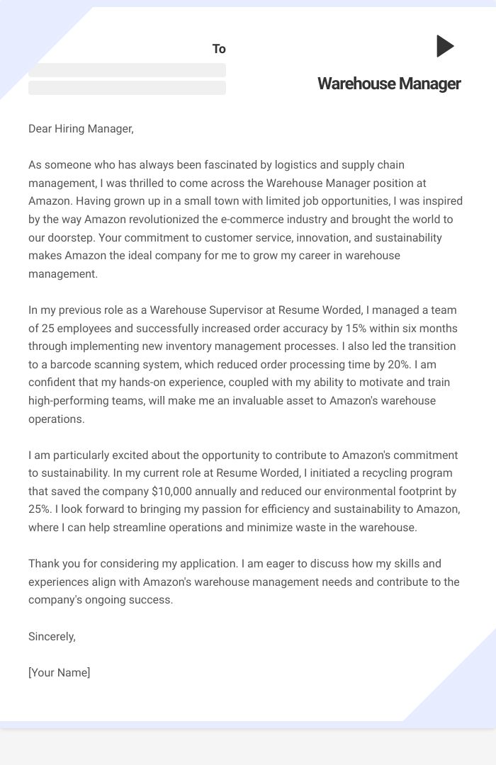 Warehouse Manager Cover Letter