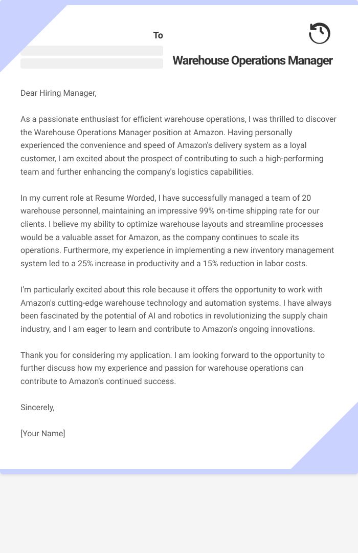 Warehouse Operations  Manager Cover Letter
