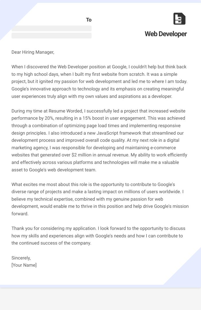 Web Developer Cover Letter